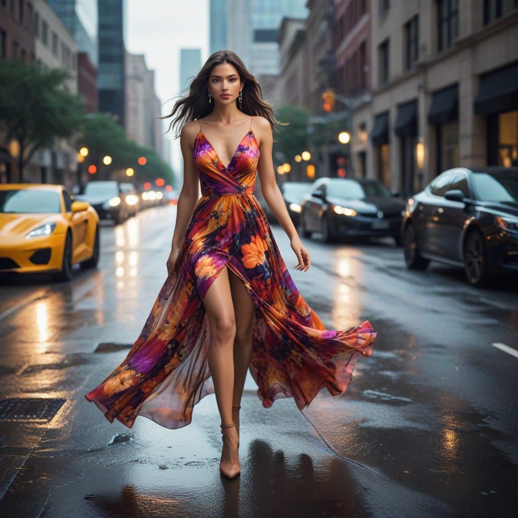 Confident Woman in Abstract Dress Walking in City