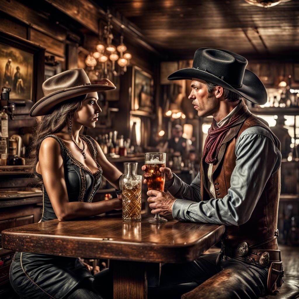 Cowboy in Saloon with Saloon Girl