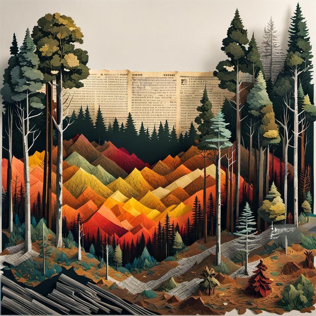 Hyperrealistic Forest Collage Crafted from Mixed Media