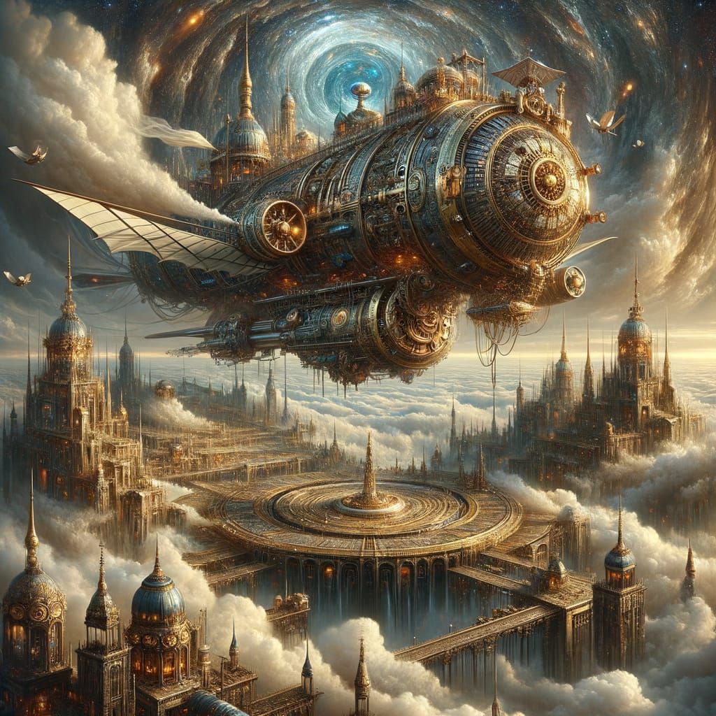 Steampunk Airship Soaring Over Futuristic City