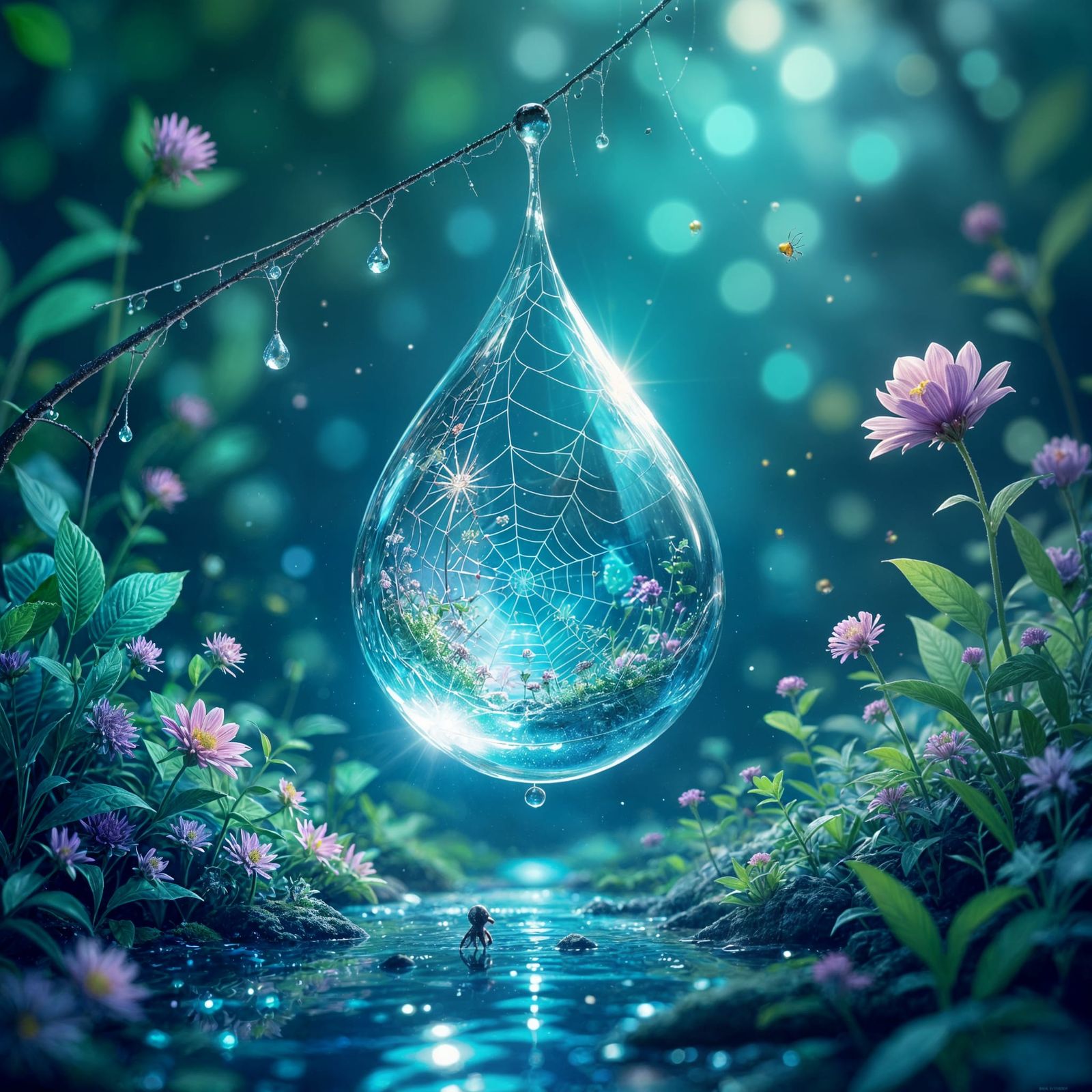 Alien World Reflected in Dewdrop, Ghibli Style