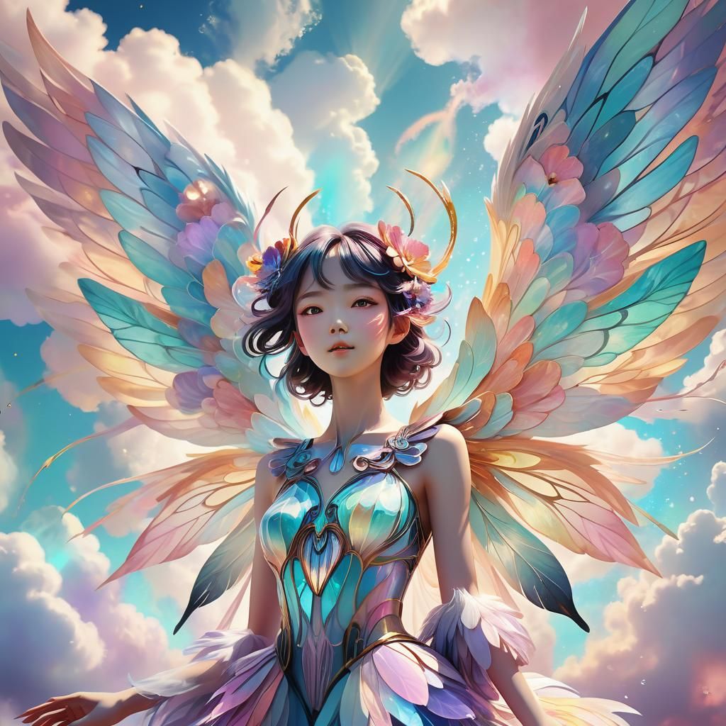 Fantasy Being with Flower Wings, Digital Watercolor Art