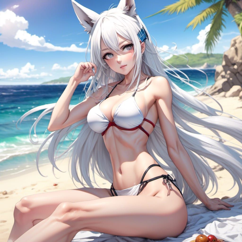 Anime Woman with Wolf Ears at the Beach