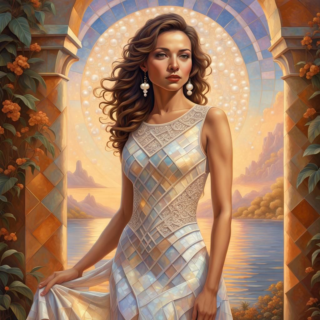 A lovely Hispanic woman with brunette hair, caramel highlights wearing an iridescent,  pearl white dress