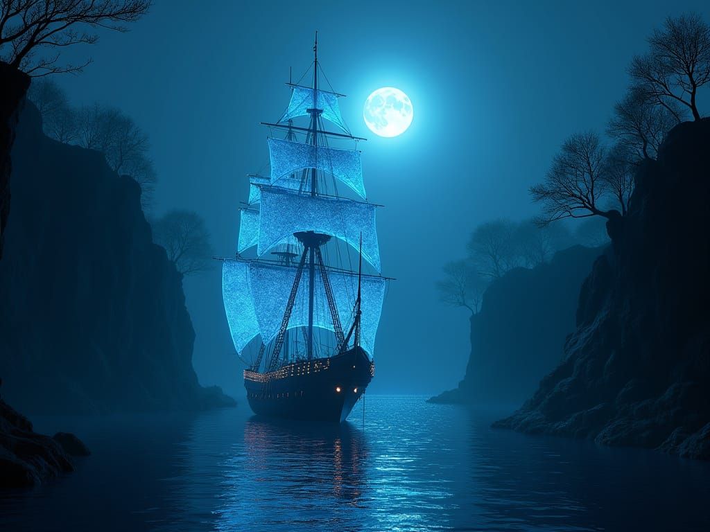 Blue Glowing Sailing Ship in Foggy Moonlight