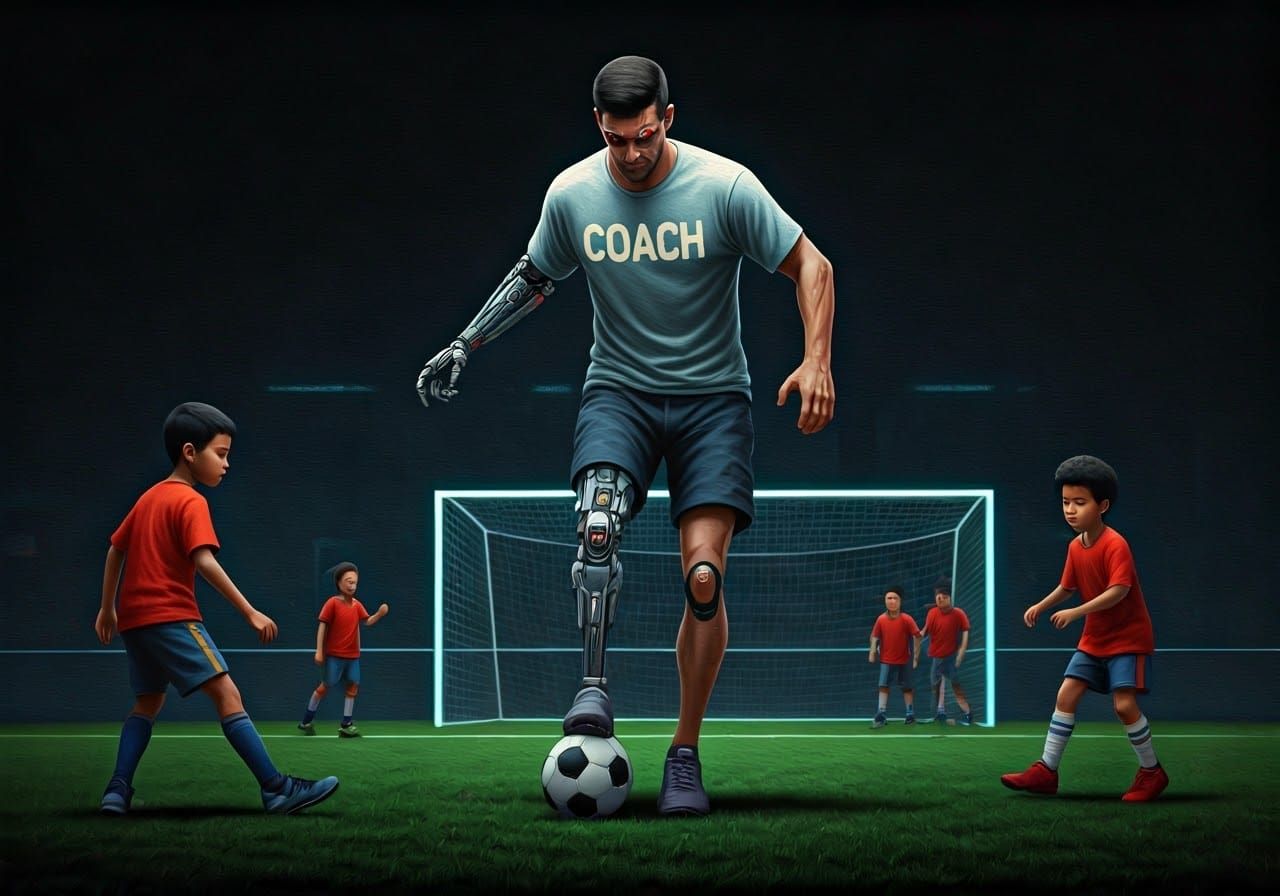 Human Cyborg Kicks Soccer Ball in Neon-Lit Cityscape