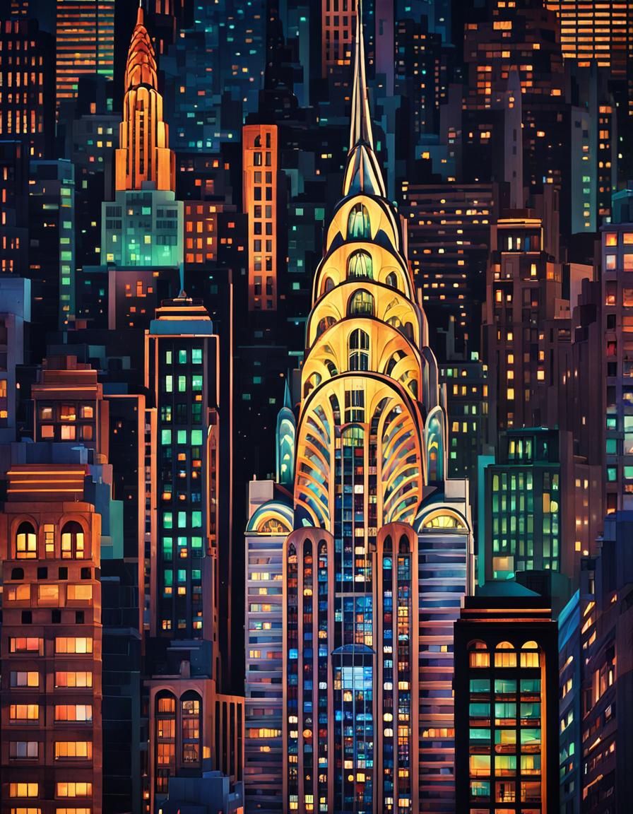 Art Deco Cityscape with Chrysler Building at Night