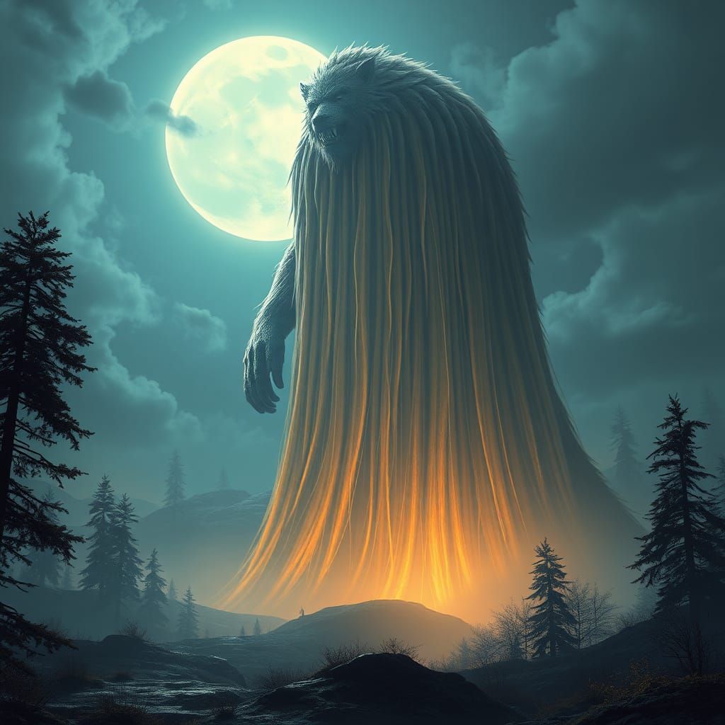 Giant Werewolf Under Moonlight in Dark Fantasy Style