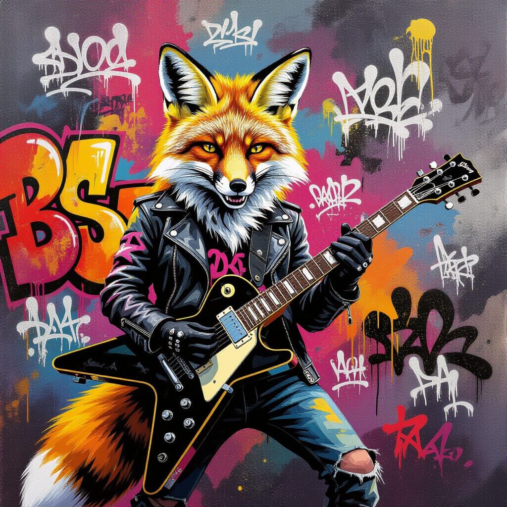 Punk Fox Shreds Guitar in Graffiti Art Explosion