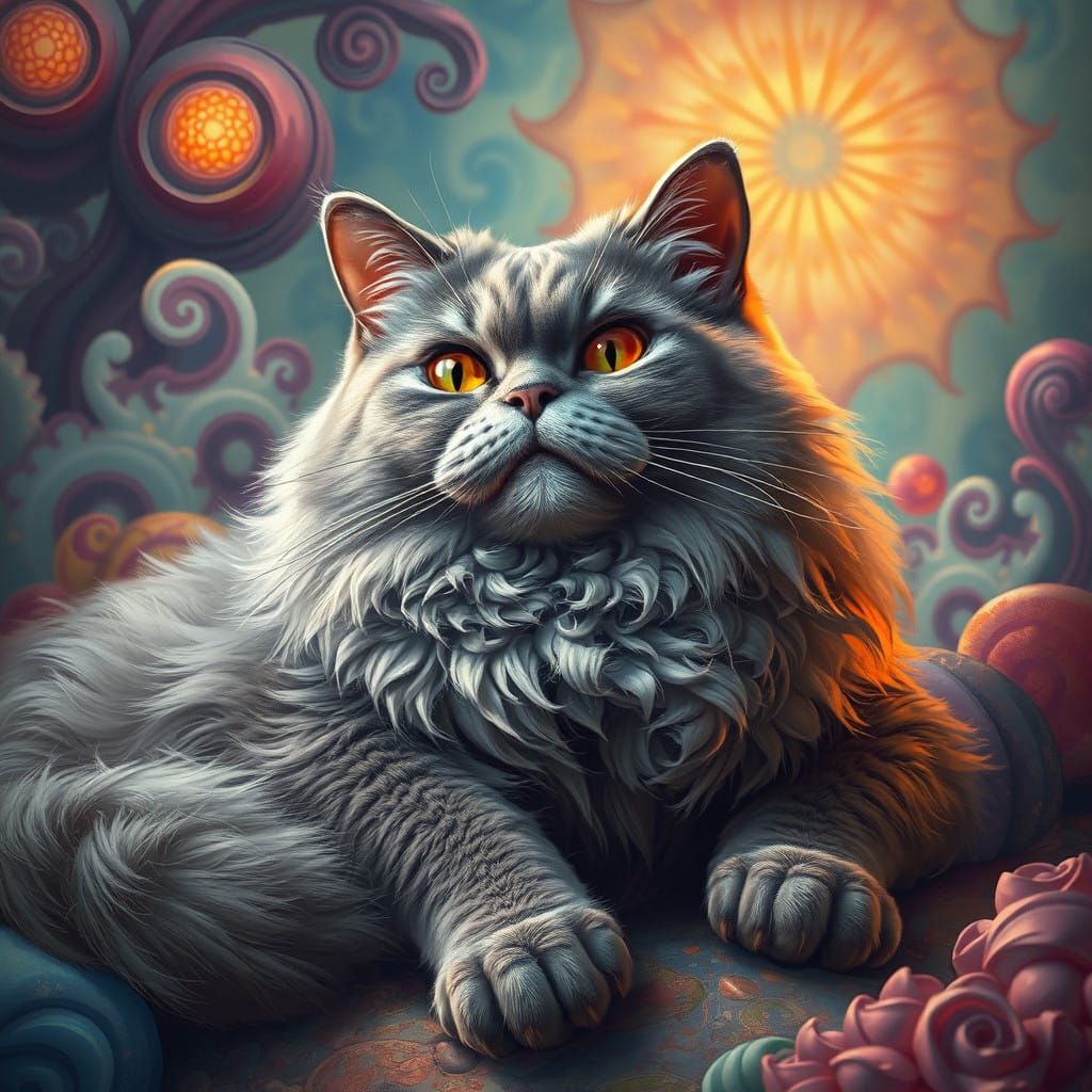 Grey Fat Cat in Whimsical Fantasy Realm