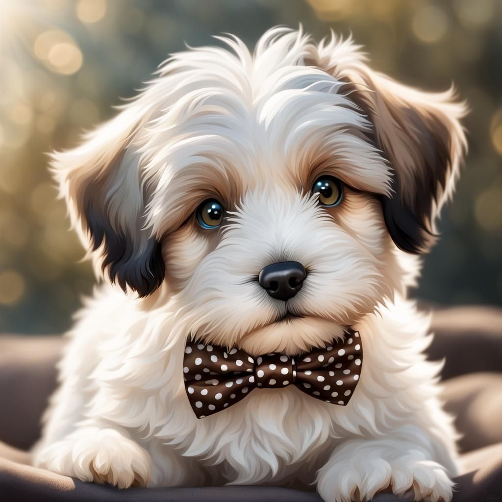 Chibi Havanese Puppy with Bowtie: Hyperrealistic Illustratio...