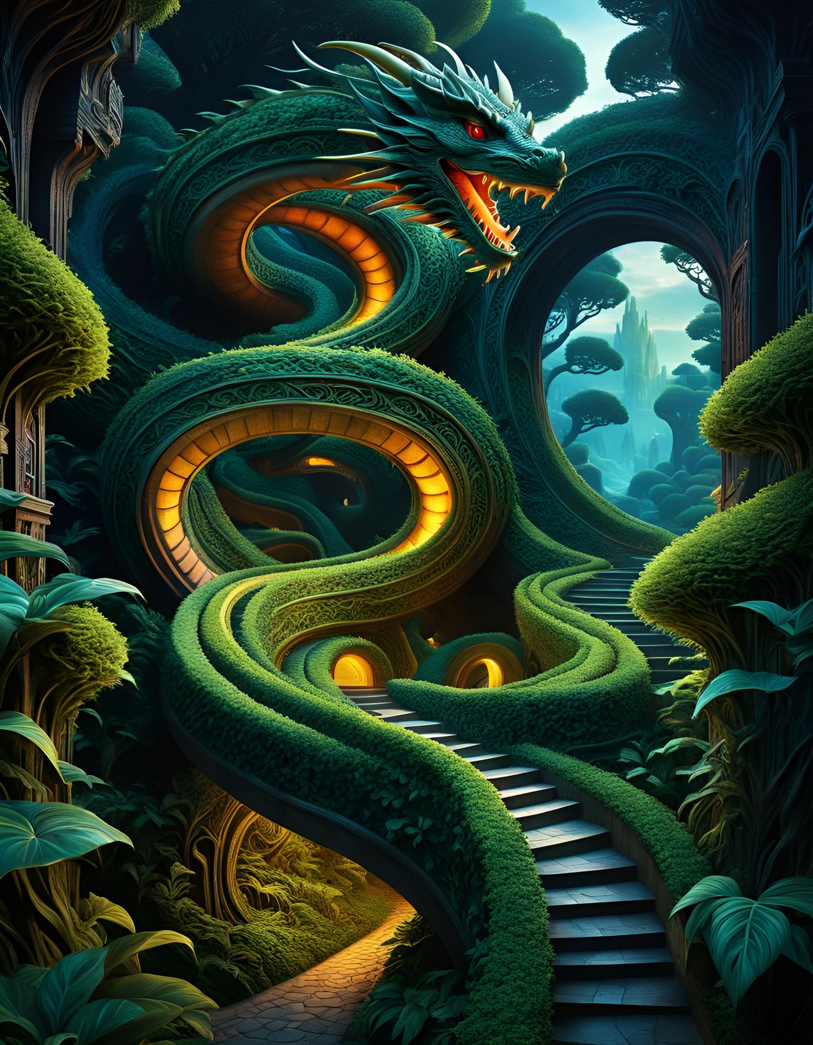 Draconic Hedge Labyrinth with Fractal Design in Dark Fantasy