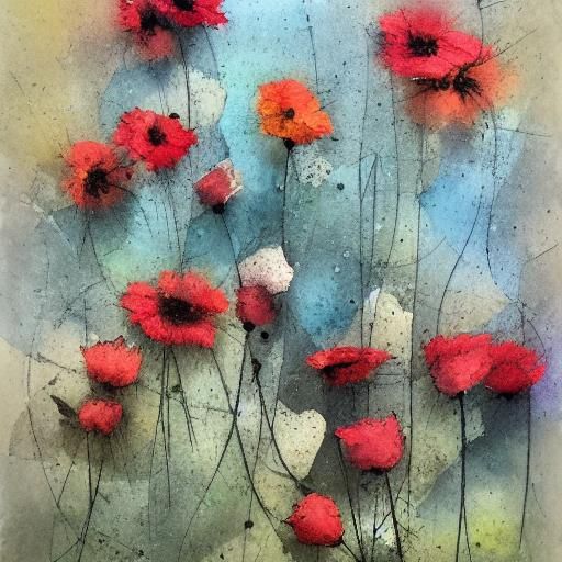 Impressionist Flowers and Cotton Bolls on Newspaper