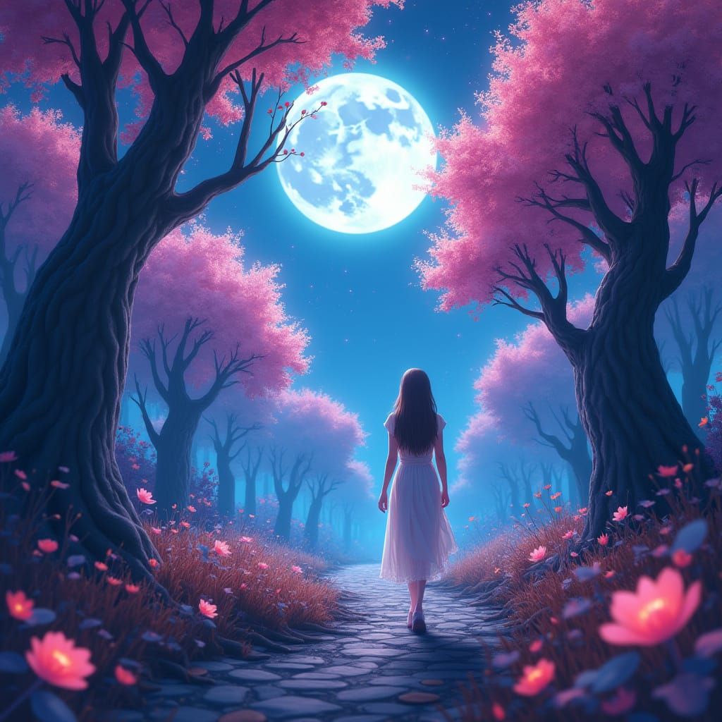 Mystical Forest at Night in Impressionistic Style