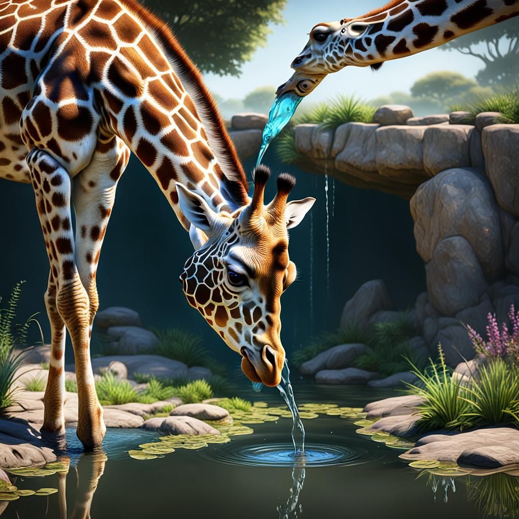 A baby giraffe bending its long neck to drink water from a pond, upside down