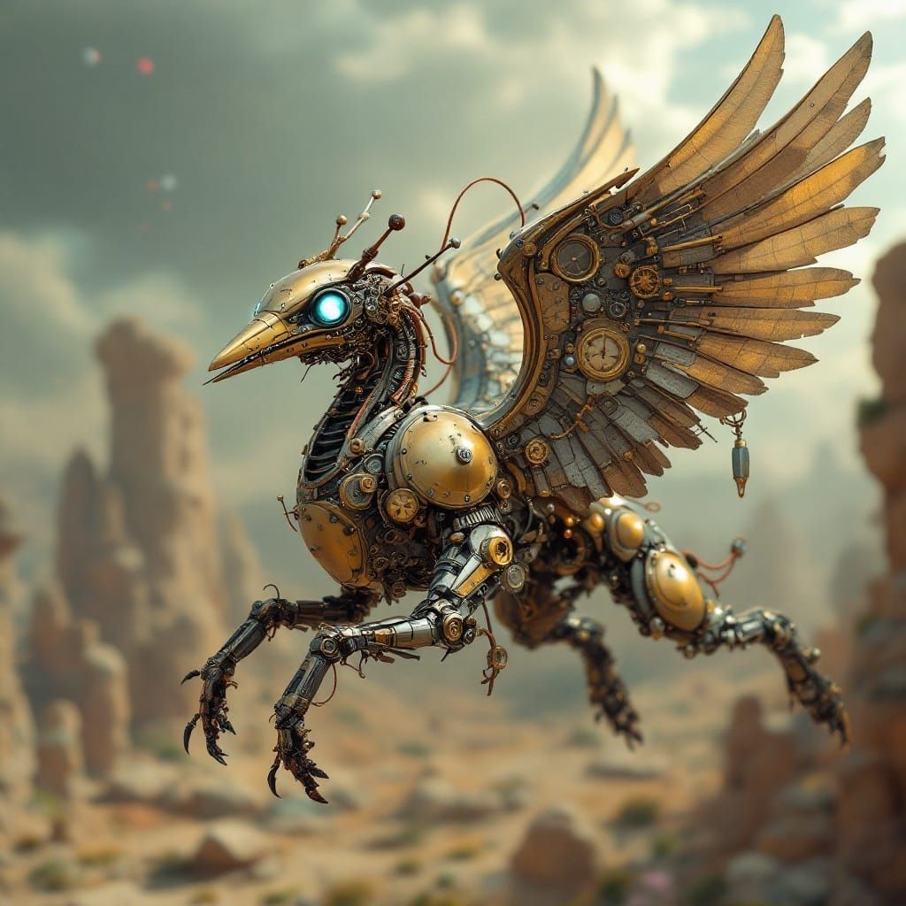 Steampunk Griffin Robot Soars Through Fantastical Landscape