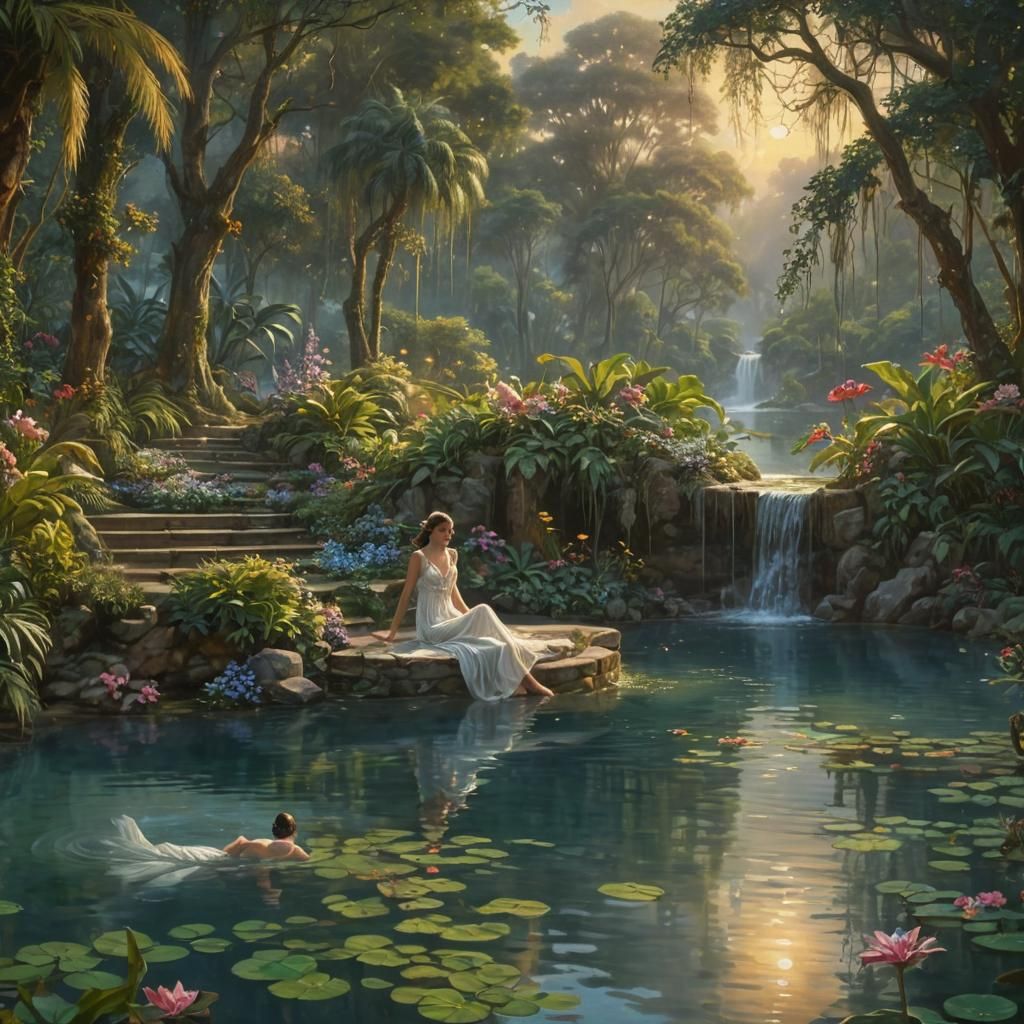 Enchanted Paradise Scene with Women in Evening Gowns