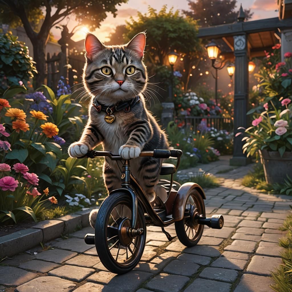 Cat Rides Tricycle at Sunset, Detailed Digital Art