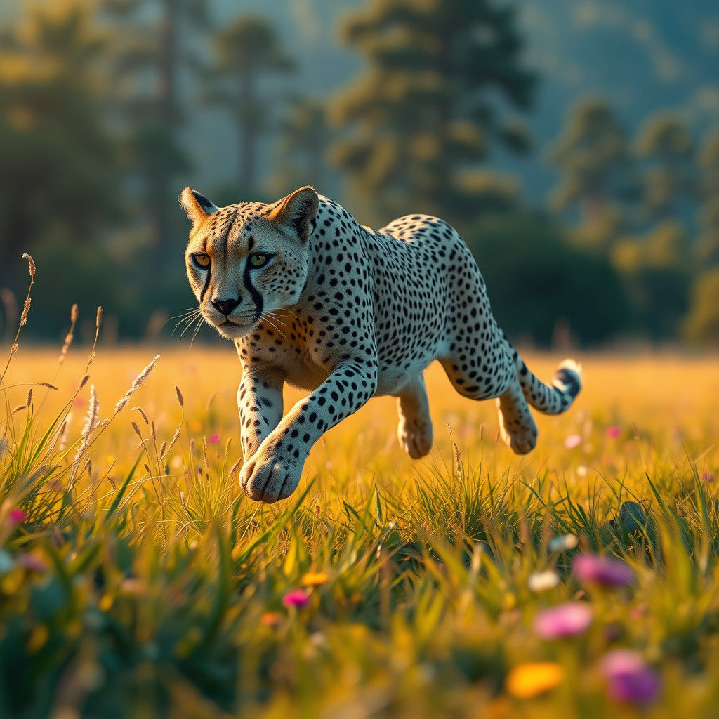 Cheetah Races Across Sun-Drenched Grassland