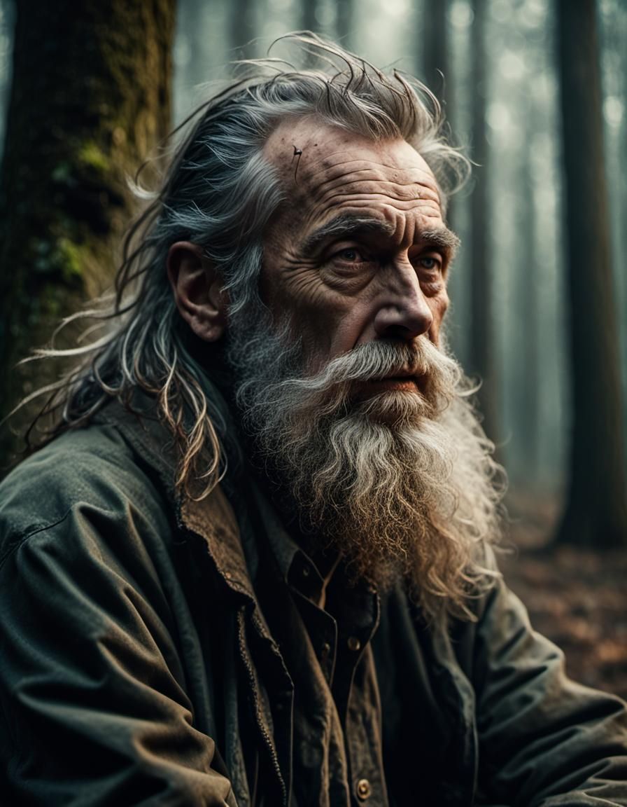 Dramatic Portrait of Homeless Man in Misty Forest