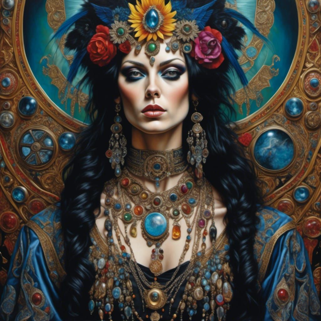 Hyperrealistic Portrait of Woman with Occult Jewelry