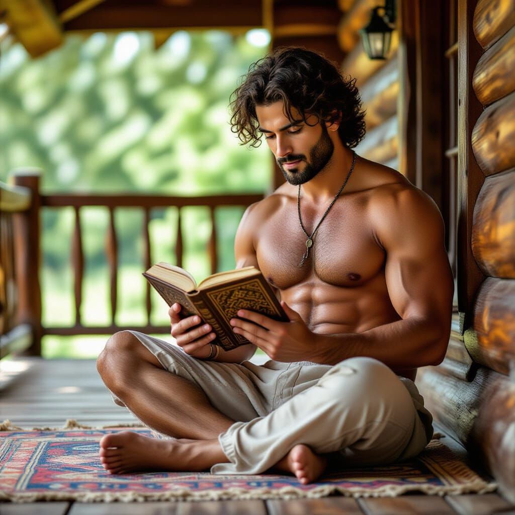 Arabian Man Reads Quran on Cabin Porch in Vibrant Colors