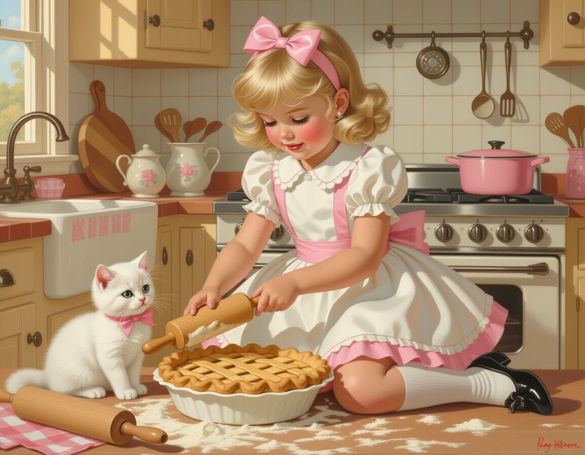 Girl and Kitten Baking Pie in Whimsical Kitchen
