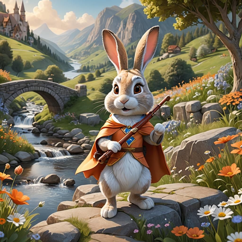 Whimsical Rabbit Superhero in Fairytale Landscape