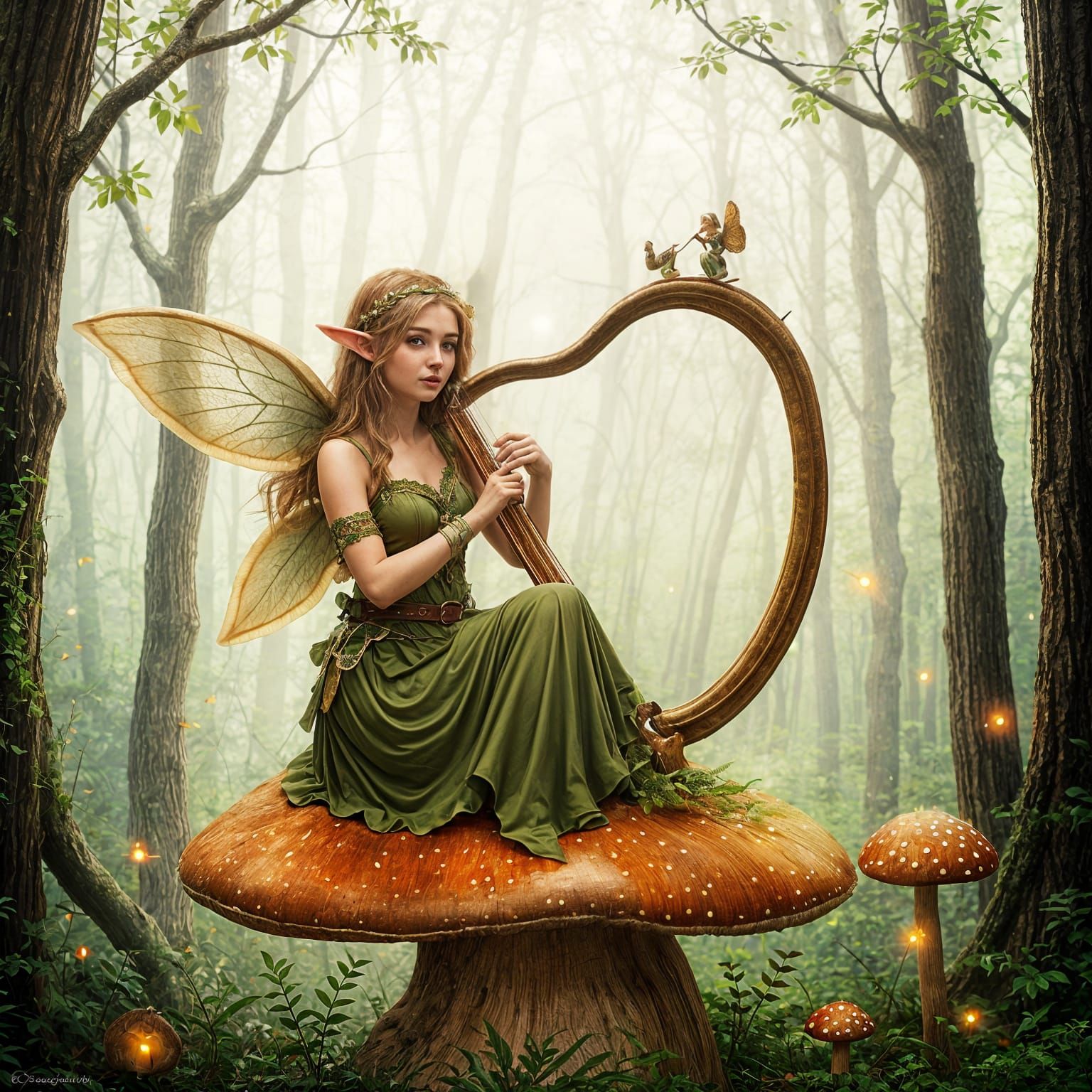 Beautiful Elf Playing Harp in Misty Forest