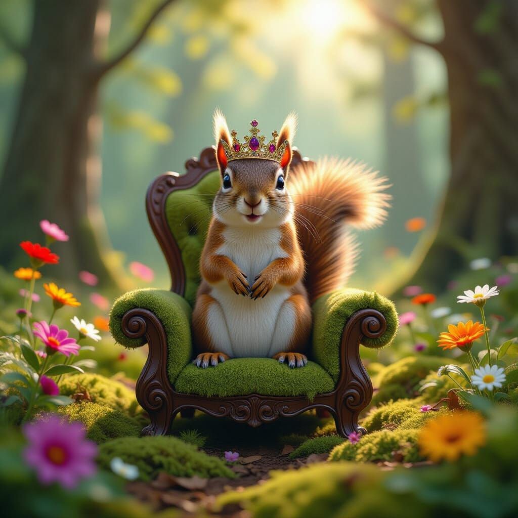 Squirrel King on Mushroom Throne, Art Nouveau Style