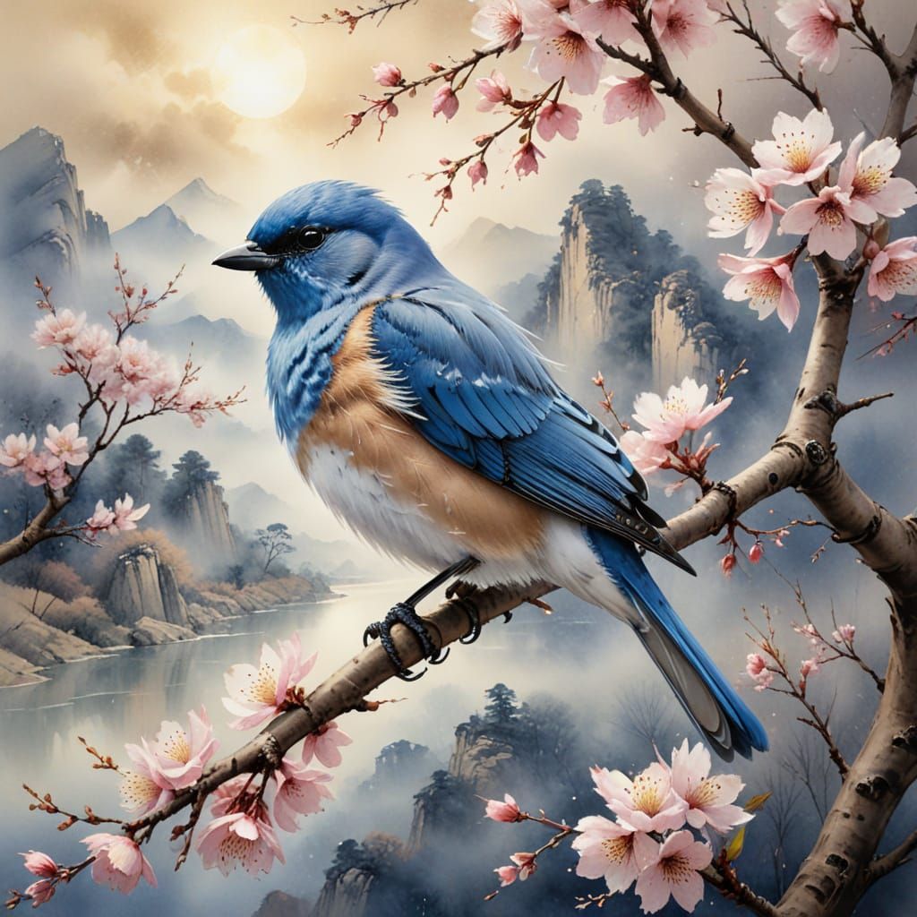 Blue Bird in Chinese Landscape as Watercolor Painting