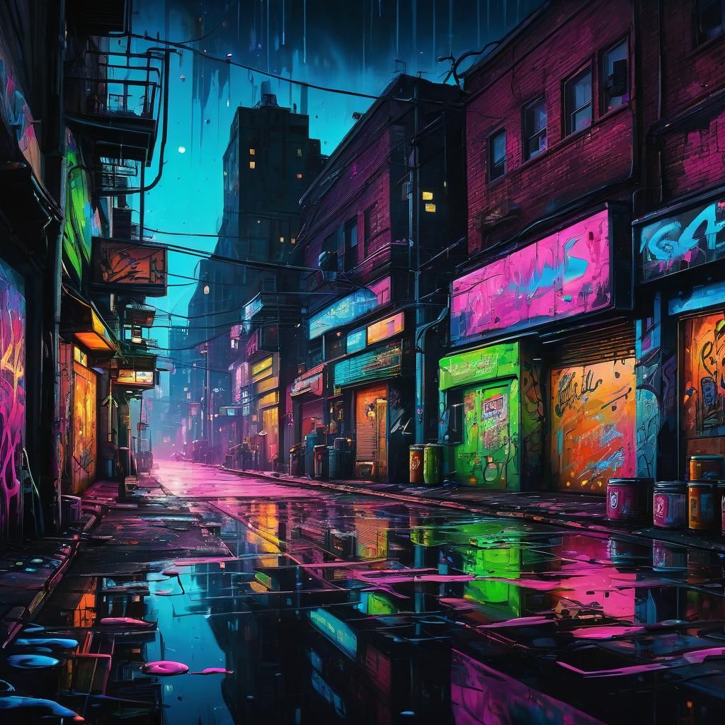 Neon Cyberpunk Cityscape Street Art at Night