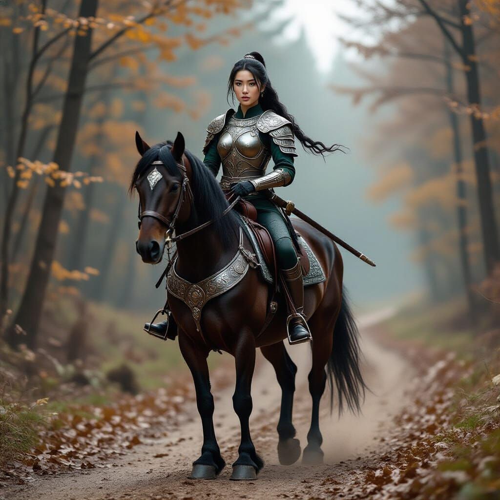 Warrior Woman Rides Black Stallion in Autumn Forest