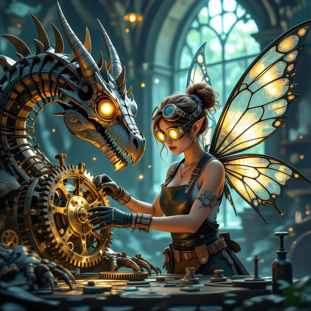 Clockwork Dragon Repair in Dark Fantasy Style