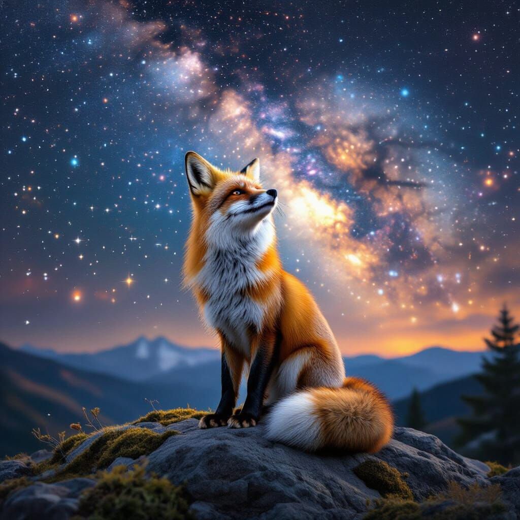Red Fox Gazing at Starry Night Sky