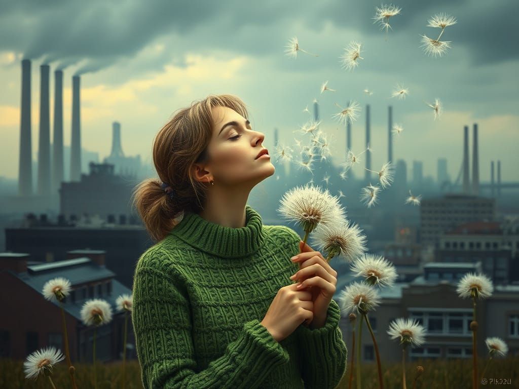 Woman Blowing Dandelions in Moebius Style