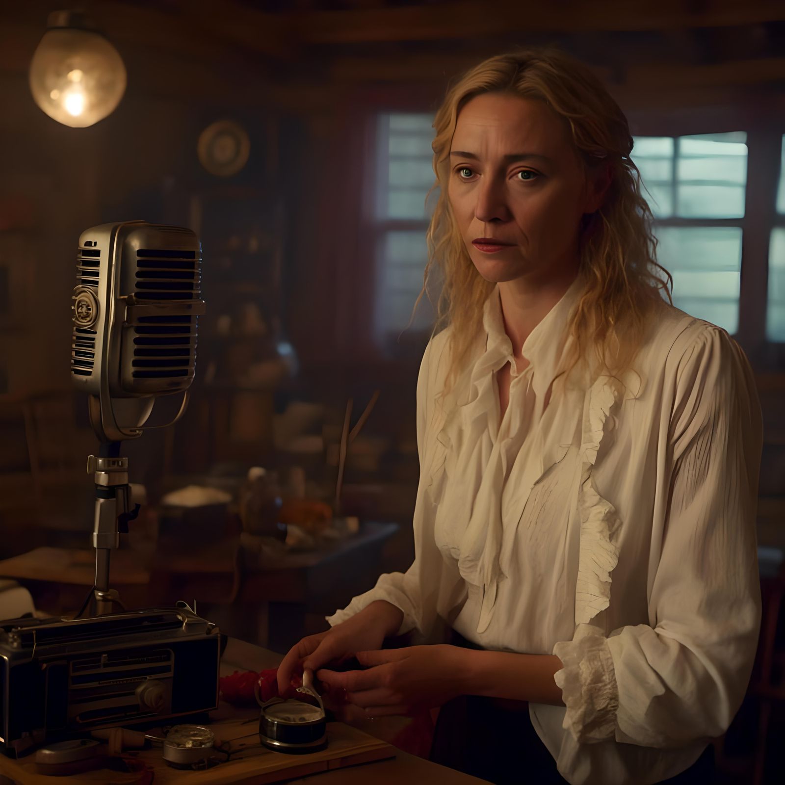 Polish Radio Woman in White Blouse, Realistic Style