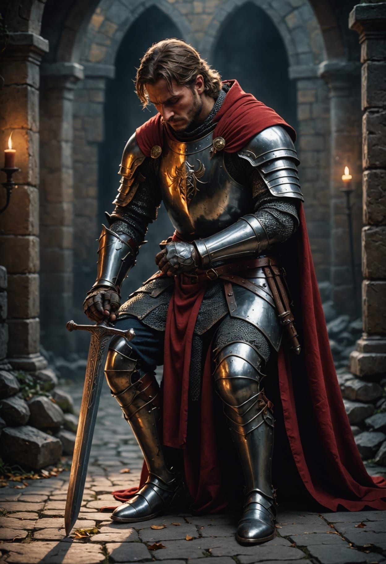 Medieval Knight in Devout Prayer, Oil Painting Style