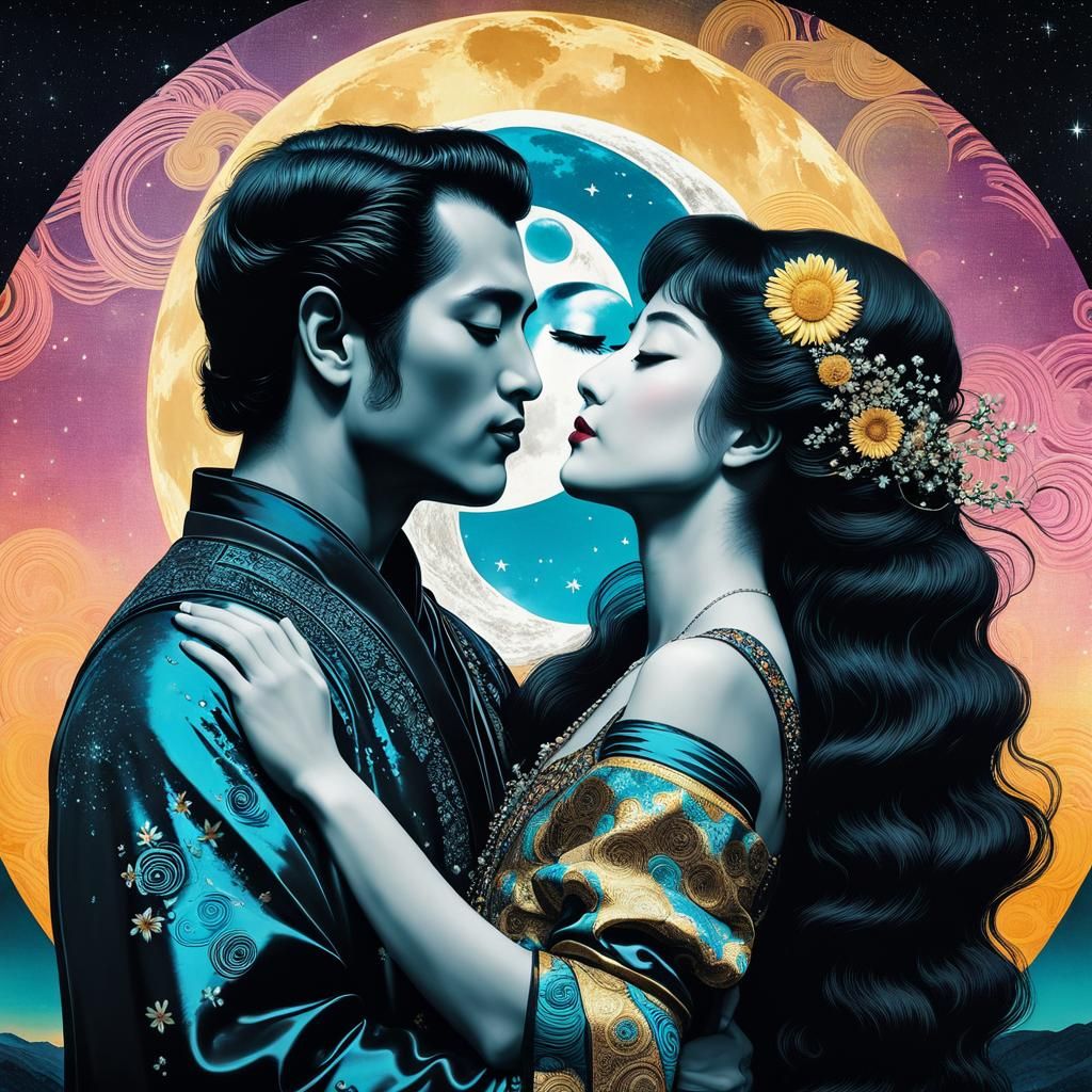 Sun and Moon Kiss in Synthwave Klimt Style