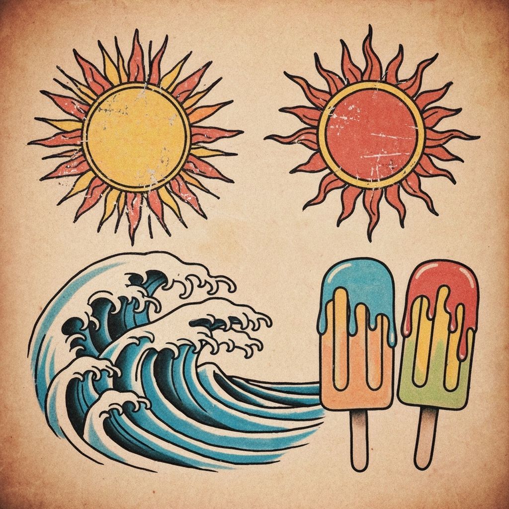 Vintage Summer Tattoo Art: Suns, Waves, Popsicles