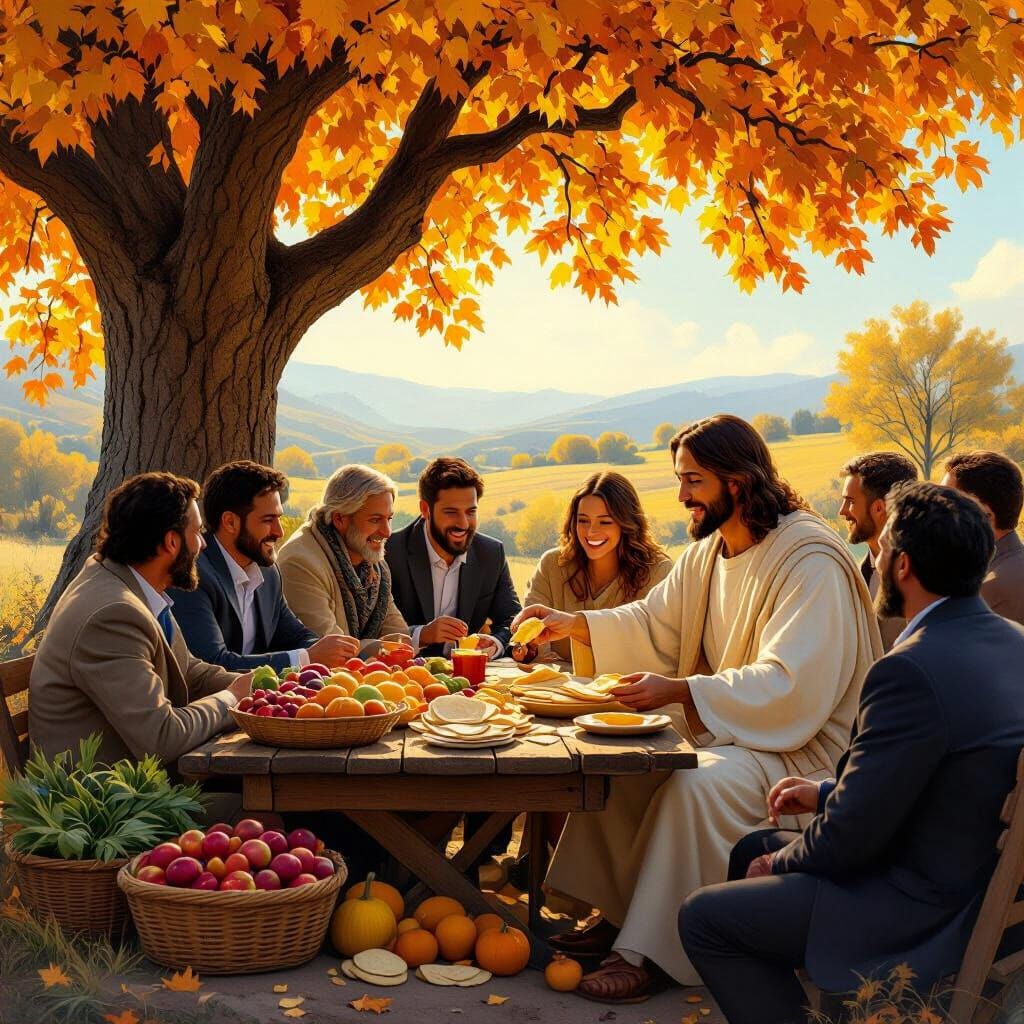 Jesus Shares Food Beneath Golden Autumn Tree in Renaissance ...