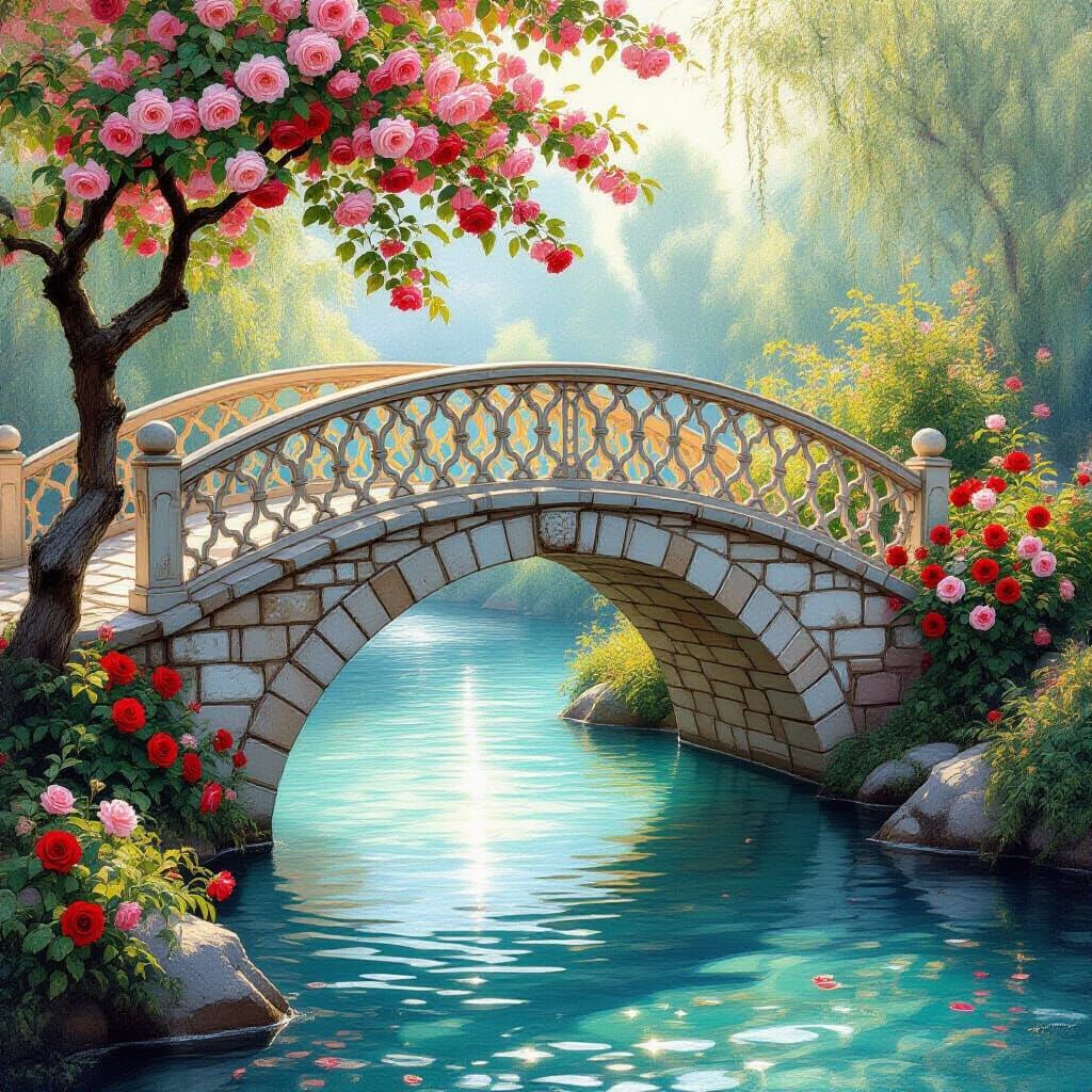 Cobblestone Bridge Over Crystal River in Pre-Raphaelite Styl...