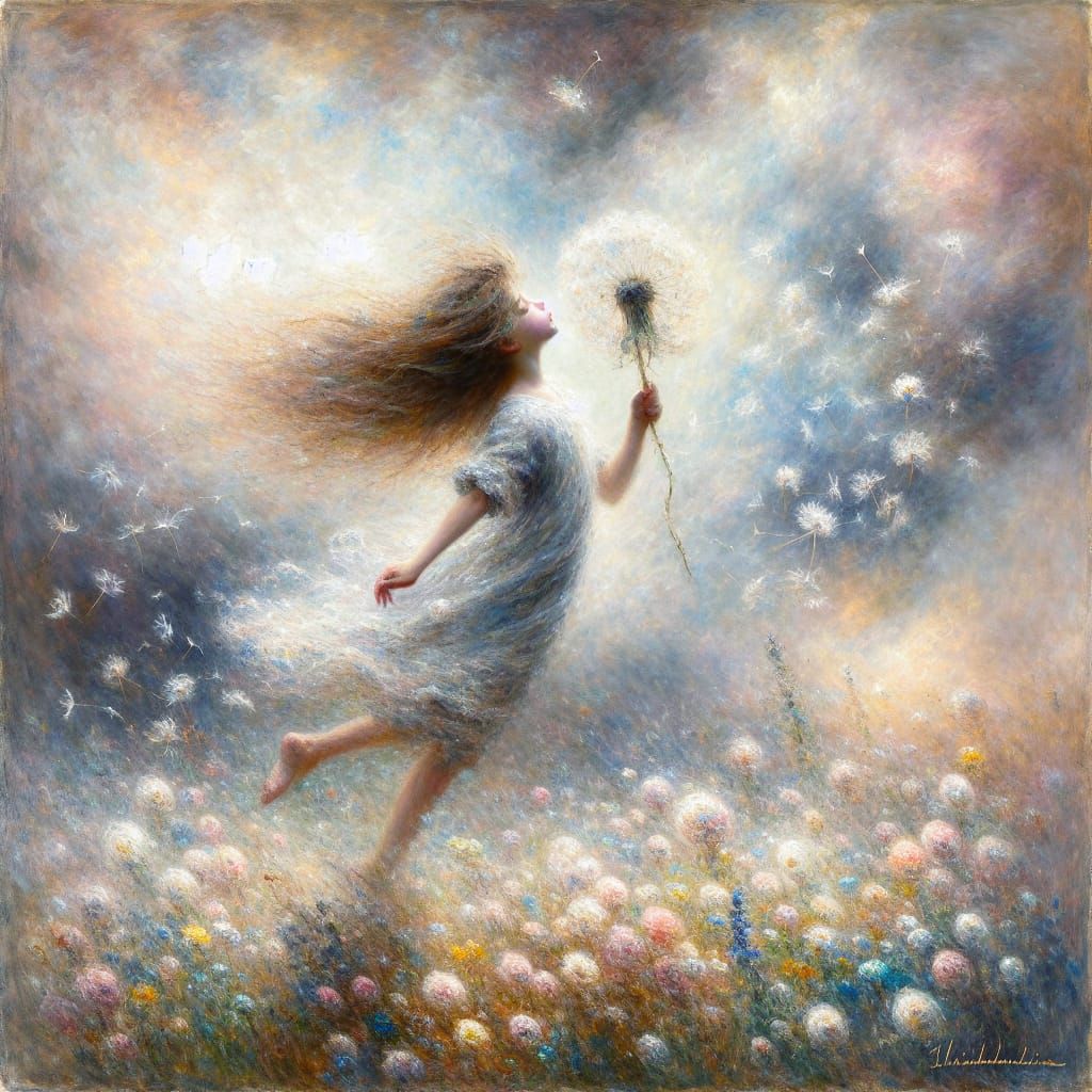 Whimsical Girl with Dandelion in Impressionistic Style