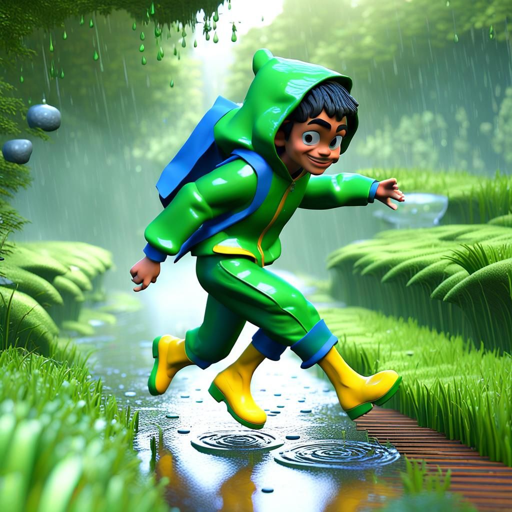 Boy in Rain Suit Jumping in Puddles, 3D Anime Art