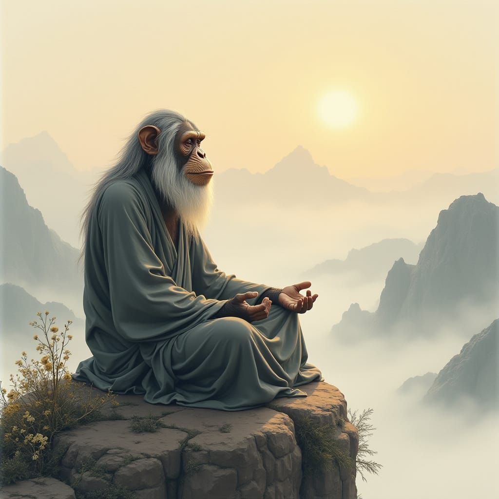 Chimpanzee Sage Meditating atop Misty Mountain