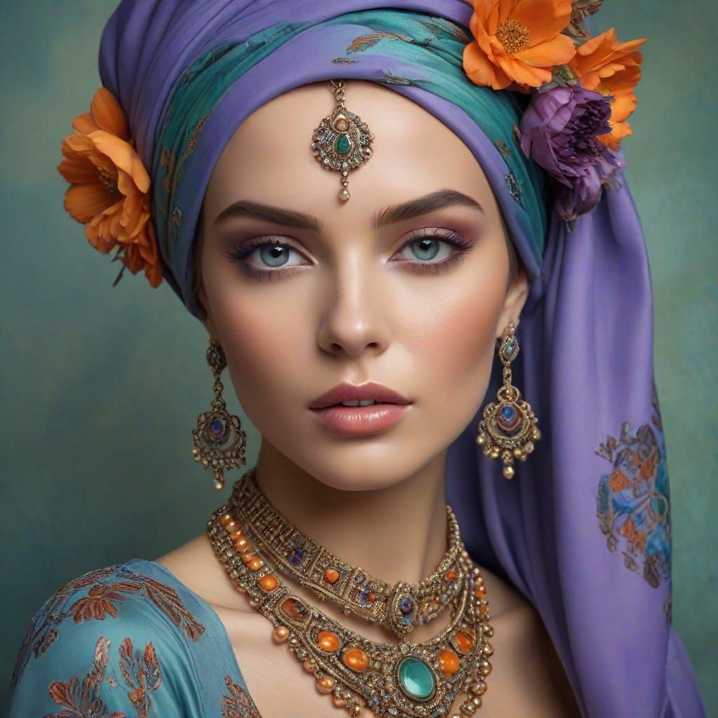 Modernist Woman Adorned with Vibrant Flowers and Jewelry