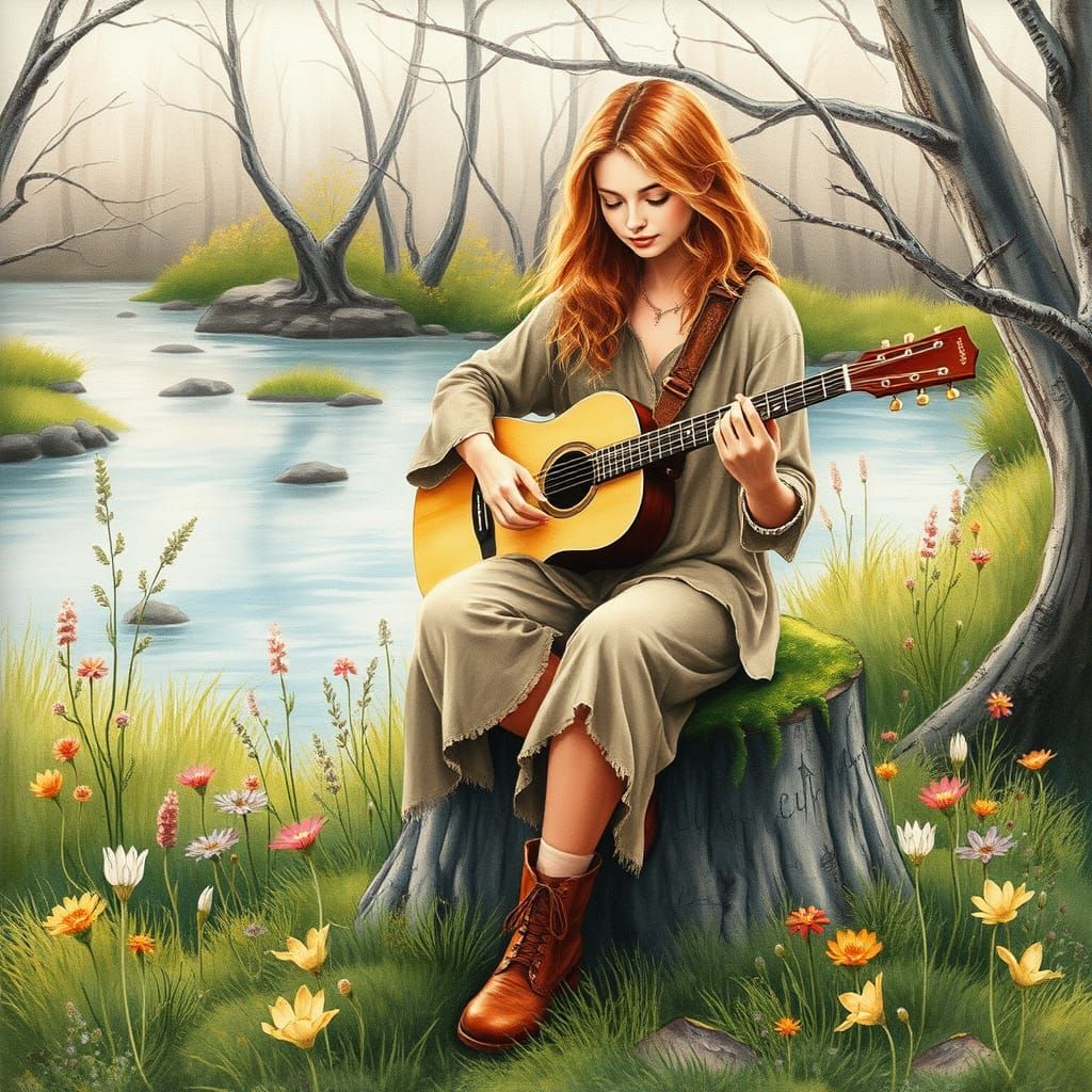 Ethereal Boho Goddess in Whimsical Watercolor and Alcohol In...