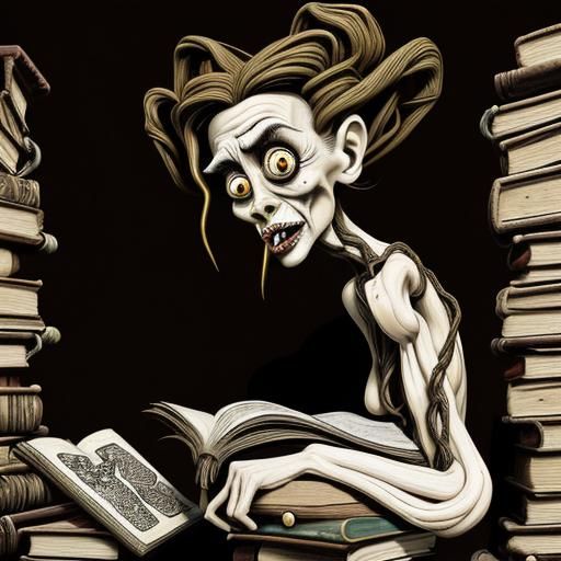 Disturbing Art Brut Woman in Magical Library