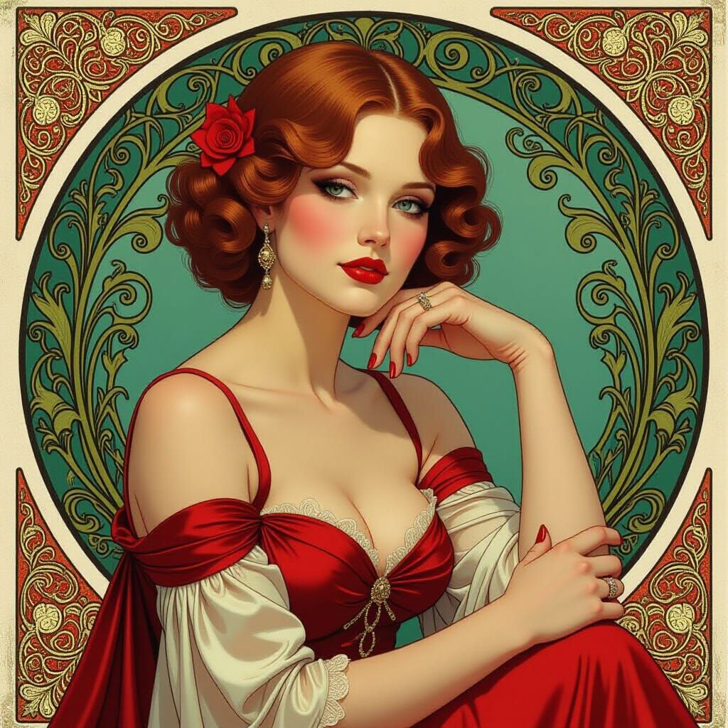 Elegant Woman with Crimson Lips in Art Nouveau Style