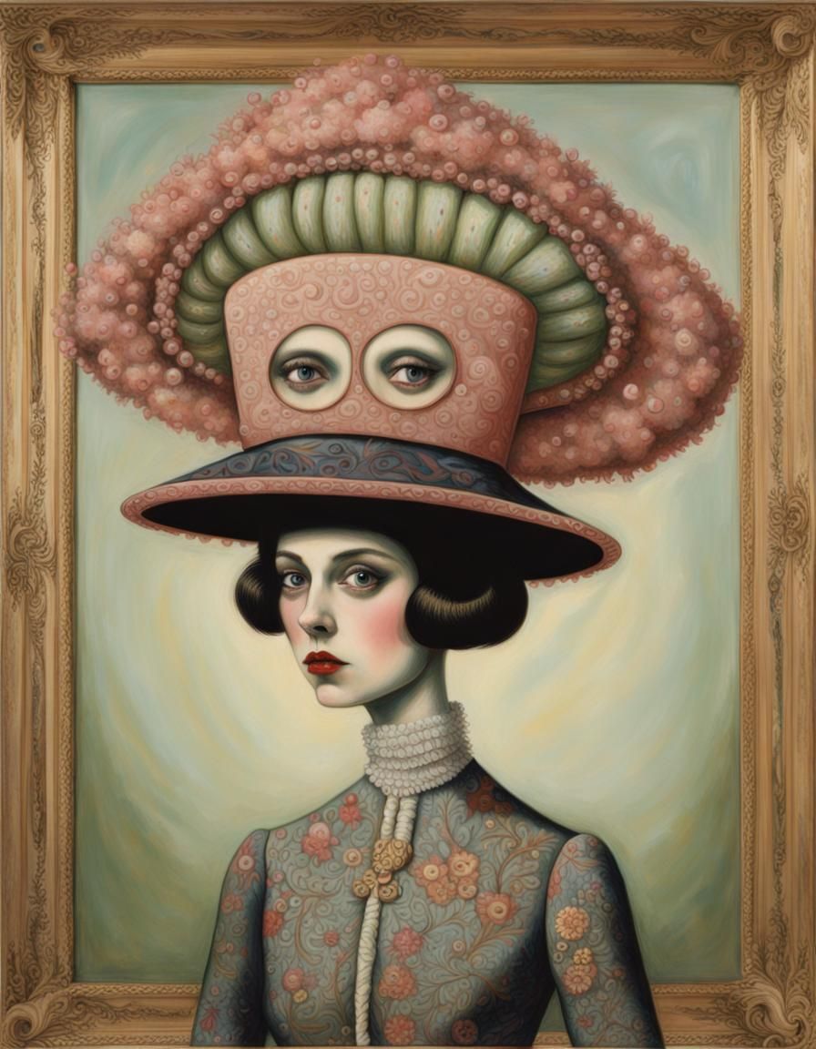 Woman in Extravagant Hat: Surrealist Portrait